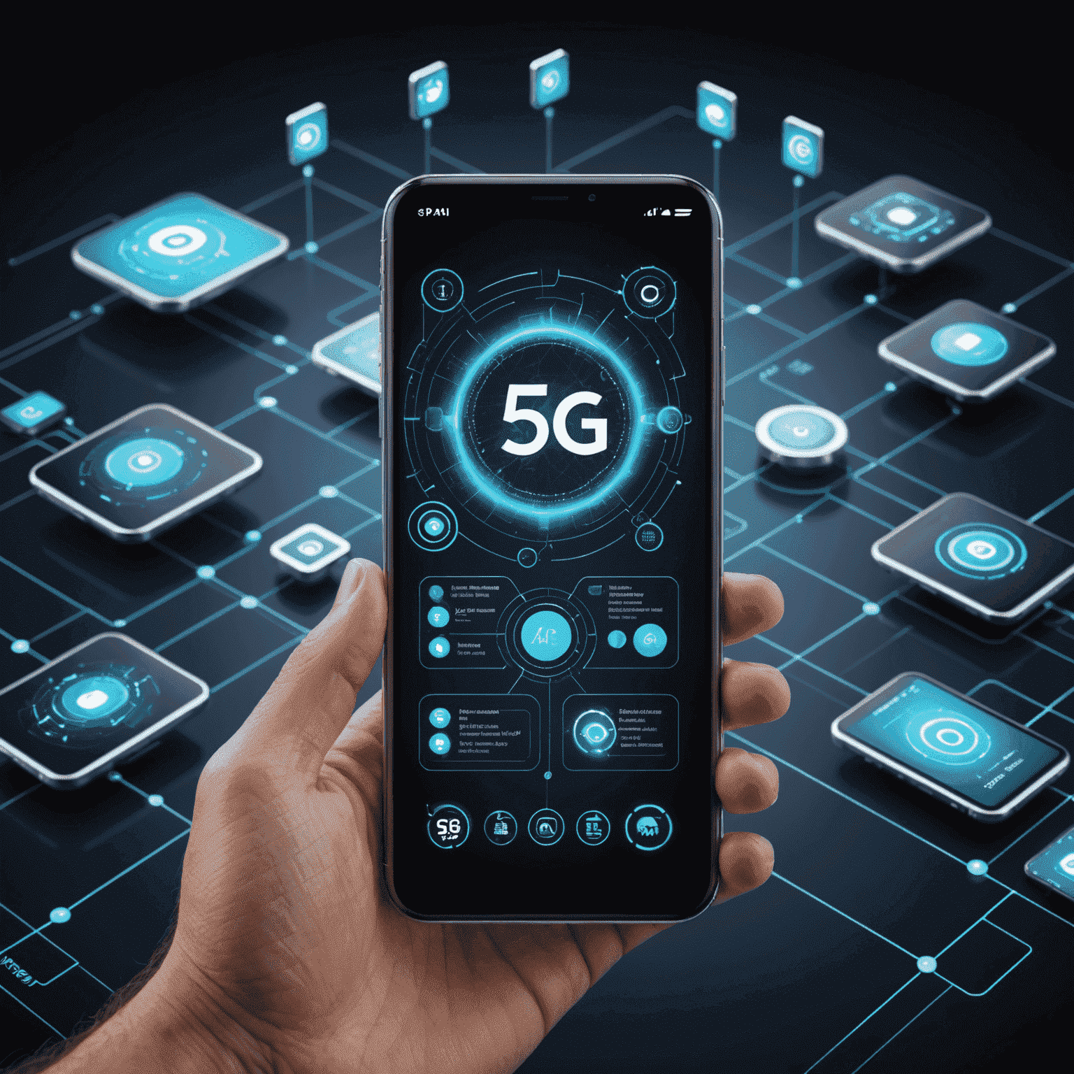 Futuristic mobile devices showcasing advanced app interfaces with AI and AR elements, set against a backdrop of 5G network visualization