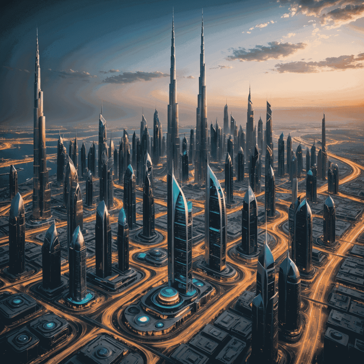 A futuristic cityscape of Dubai with 5G towers and mobile devices emitting data streams, showcasing the advanced mobile infrastructure of the UAE