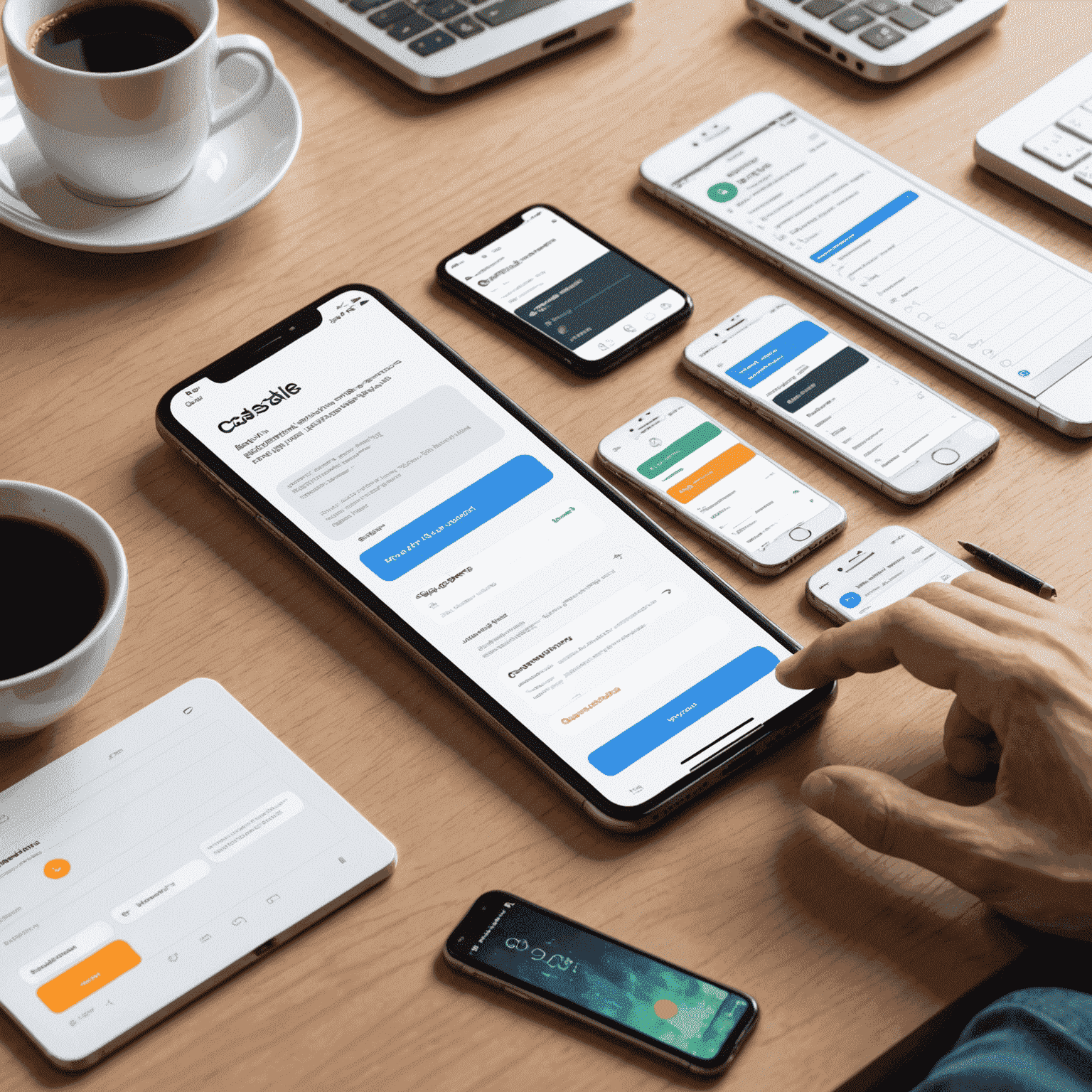 Illustration of mobile app development process, showing code, UI design, and a smartphone with a custom app interface