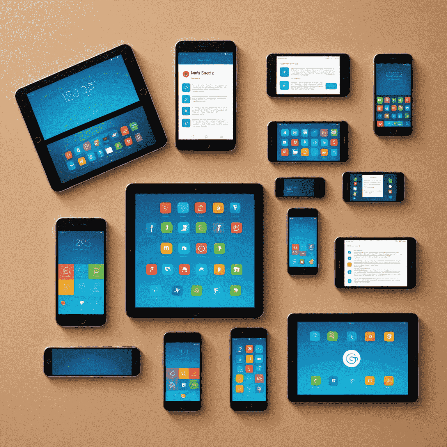 A diverse array of mobile devices including smartphones and tablets displaying various app interfaces, symbolizing comprehensive mobile testing across different platforms