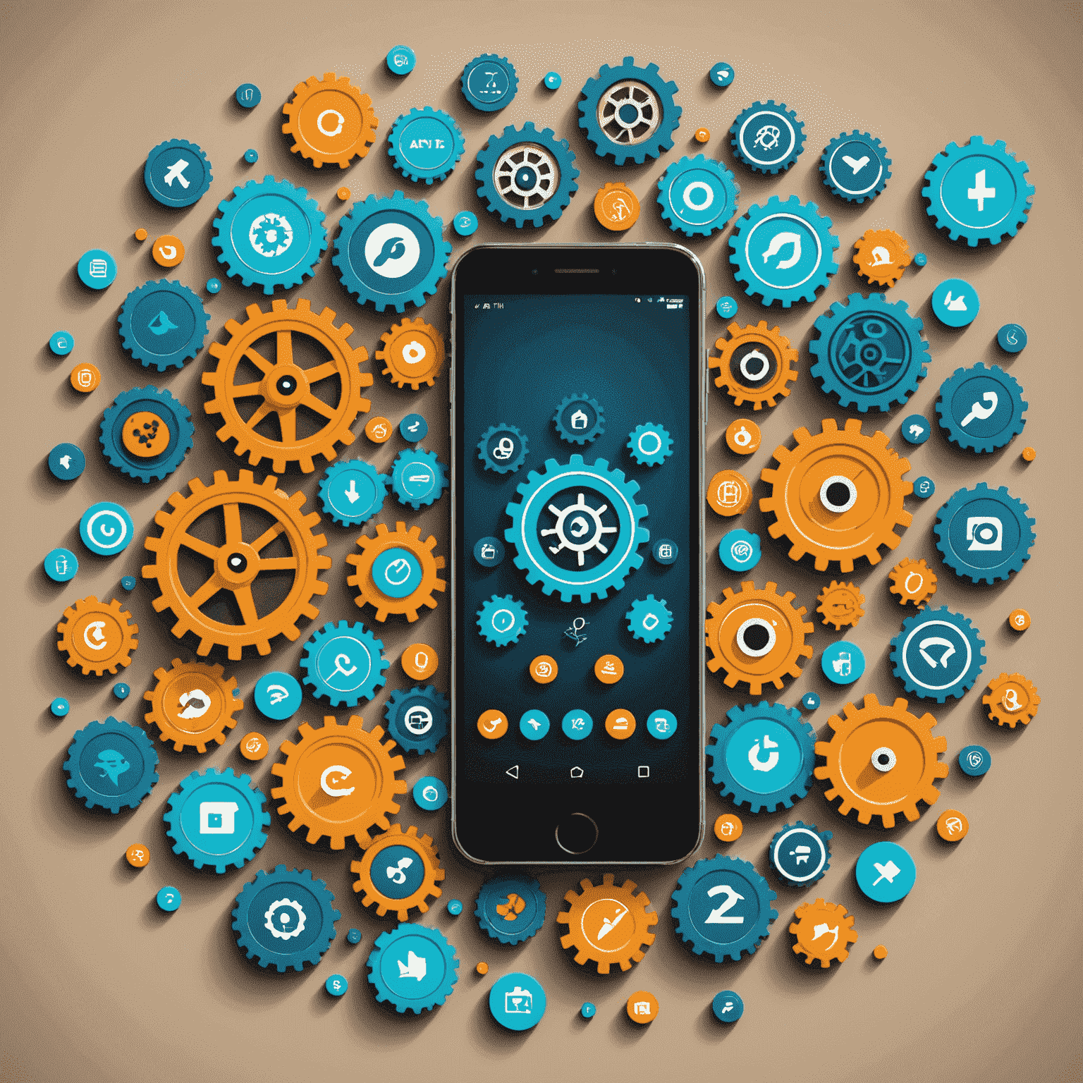 A smartphone with various app icons floating around it, symbolizing ongoing maintenance and updates for mobile applications. The image showcases a mix of gears, code snippets, and refresh symbols to represent the continuous support process.