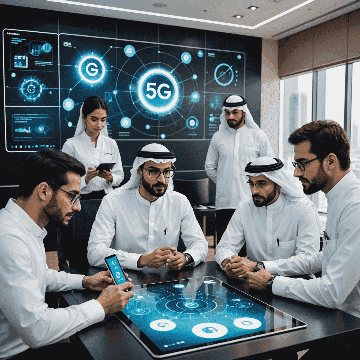 A team of mobile strategy consultants discussing 5G technology implementation in the UAE, with futuristic mobile devices and network diagrams visible
