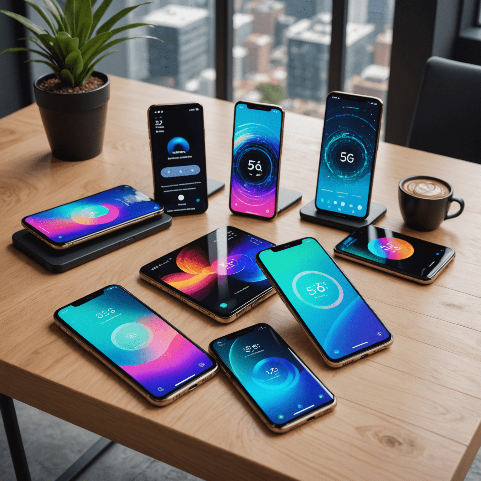 Various new smartphone models displayed on a sleek, modern table with vibrant 5G network visualization in the background