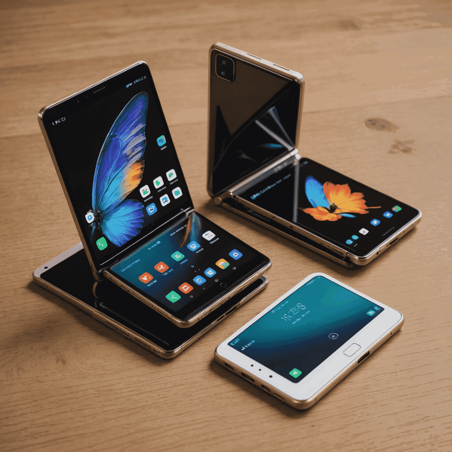 A sleek foldable smartphone shown both folded and unfolded, demonstrating its versatility. The device features a seamless hinge mechanism and a large, continuous display when opened.