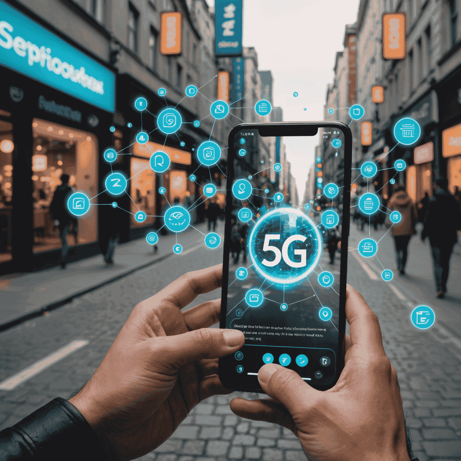 Person using a smartphone to view augmented reality elements in a real-world setting, with 5G icons floating around to indicate high-speed connectivity