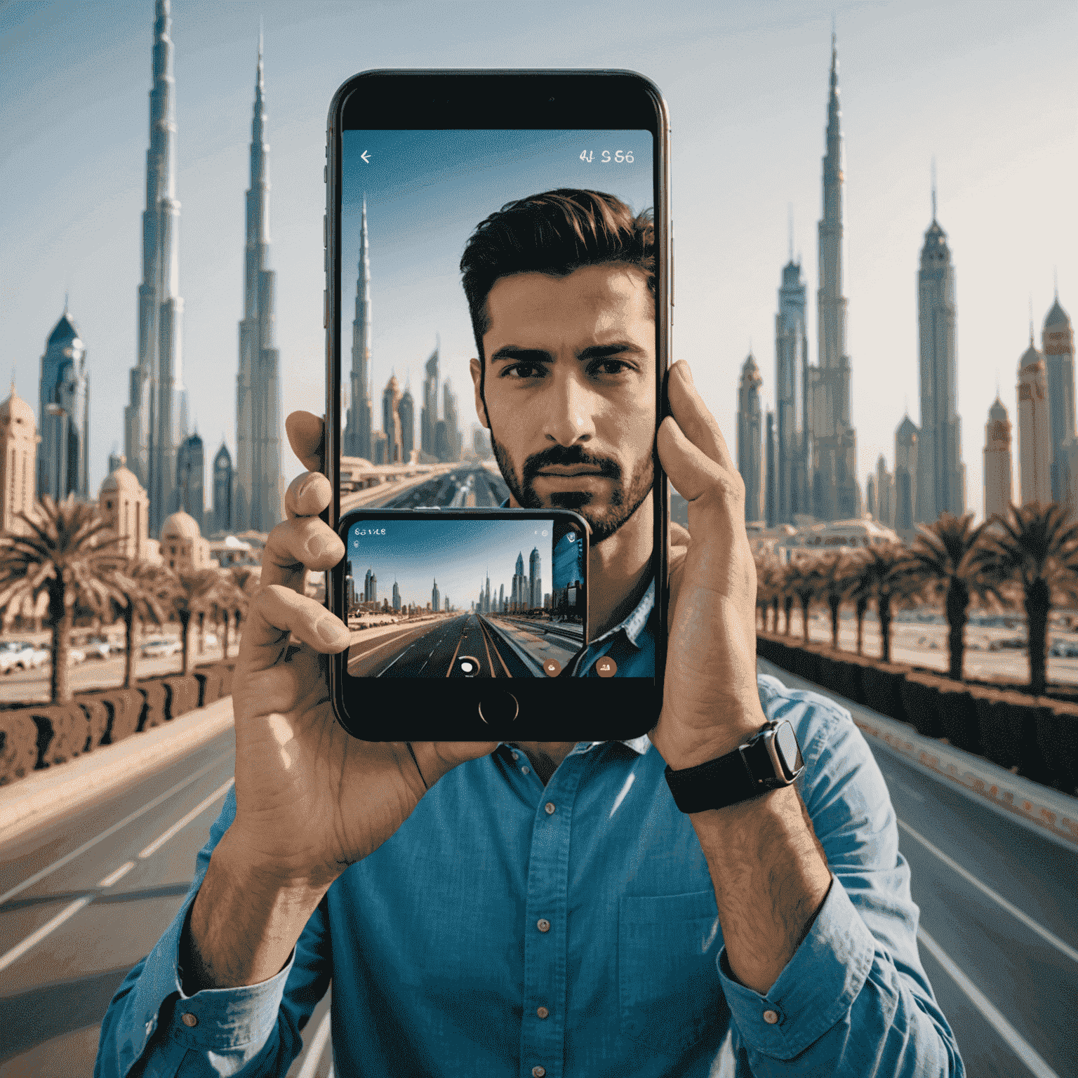 A split-screen image comparing 4G and 5G speeds, with a person using a smartphone in Dubai to stream high-quality video content seamlessly