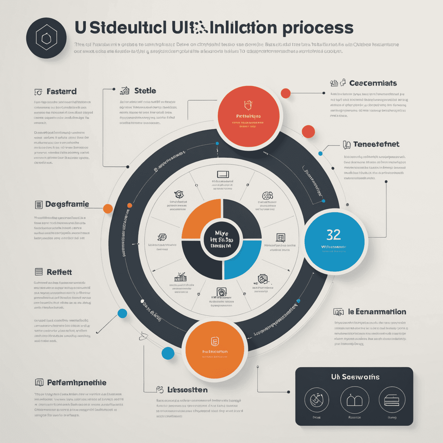 An infographic showing the steps of our UI/UX design process: Research, Wireframing, Visual Design, Prototyping, Testing, and Implementation