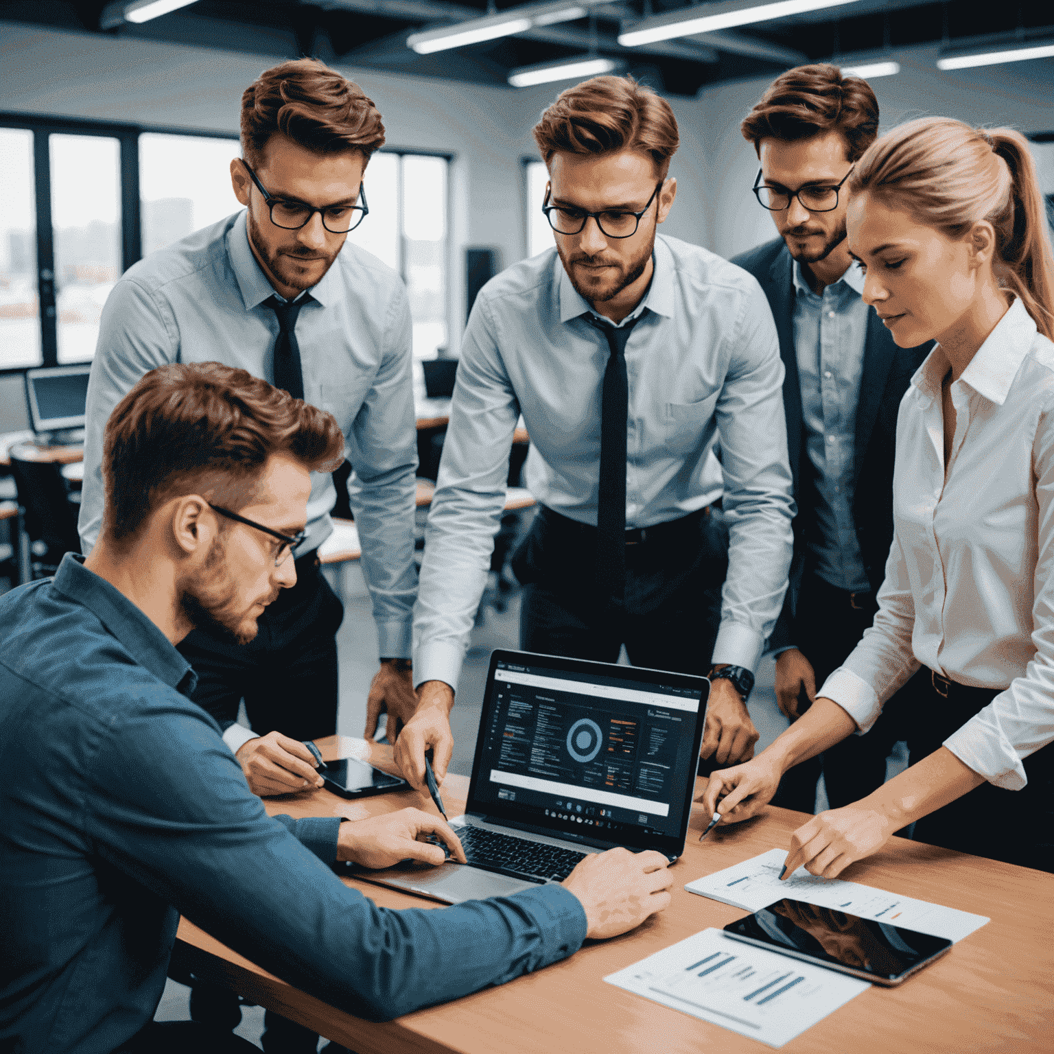 A team of diverse professionals using advanced mobile testing equipment and software, showcasing the cutting-edge technology used in mobile app testing