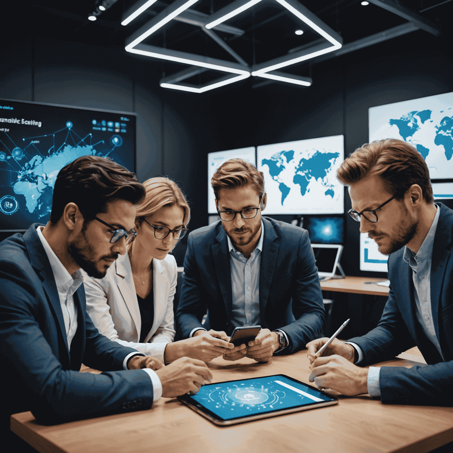 A diverse group of professionals using advanced mobile devices to collaborate on a project, with 5G network visualization in the background