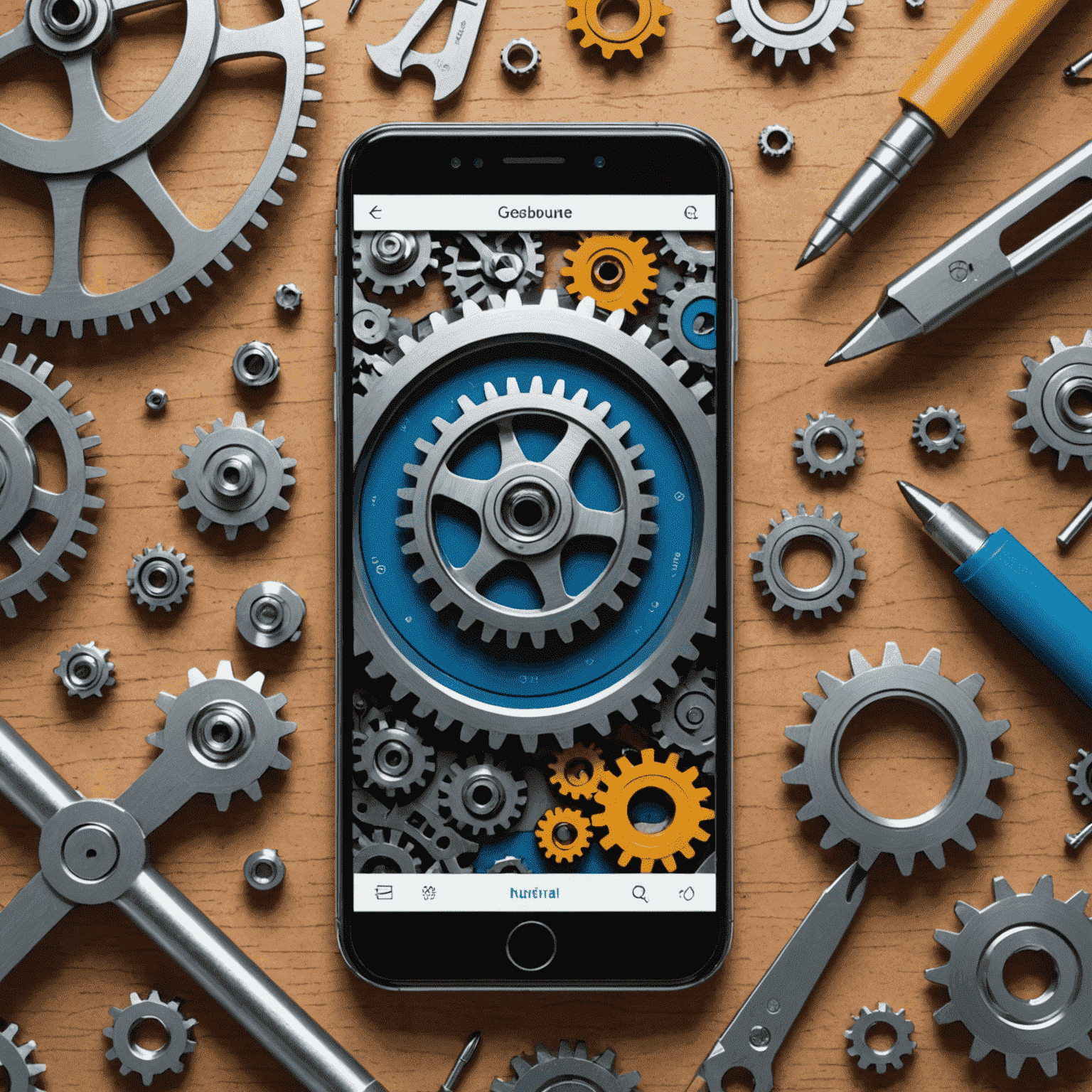Illustration of a mobile app being updated, with gears and tools representing ongoing maintenance