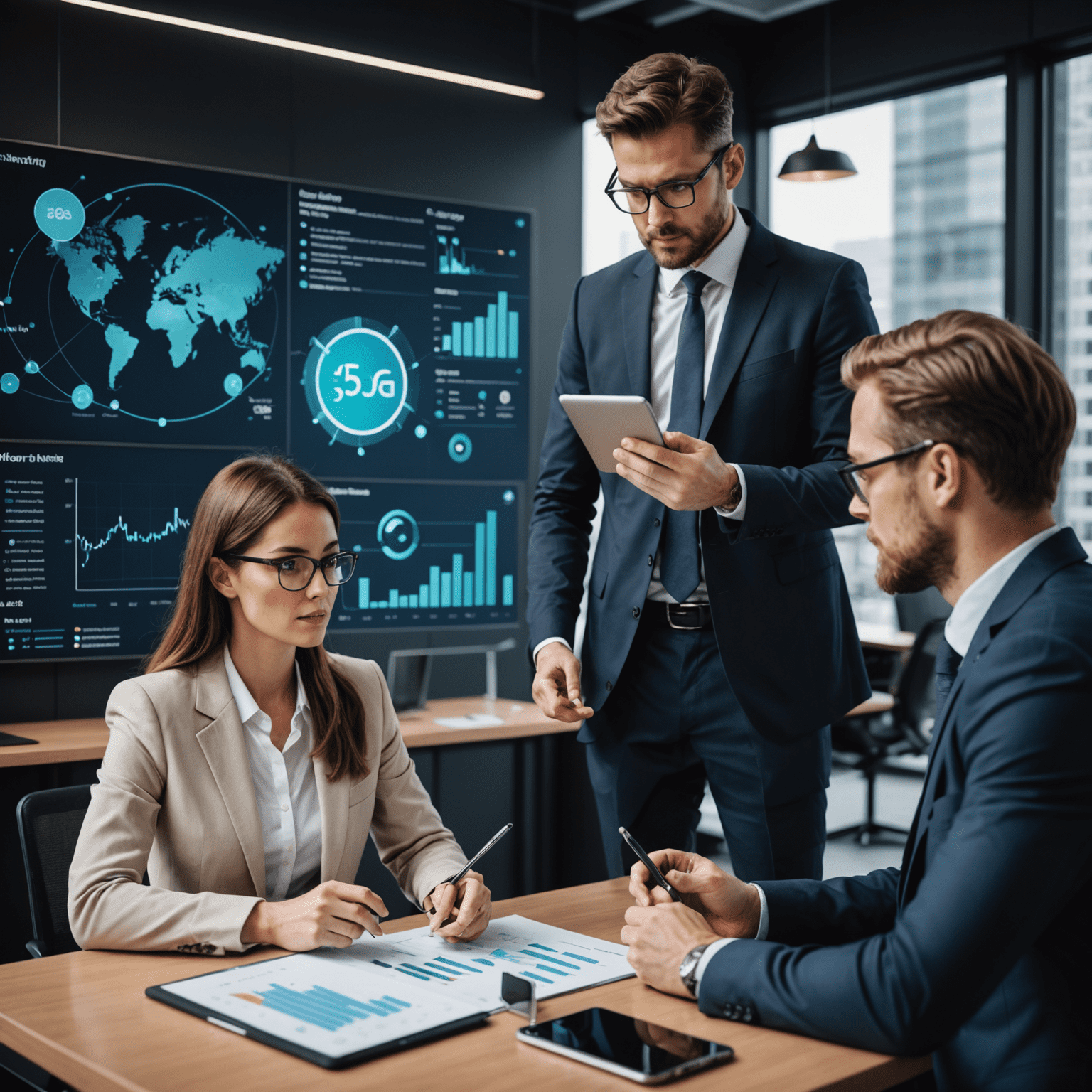 Business professionals discussing mobile strategy with charts and 5G network visualization